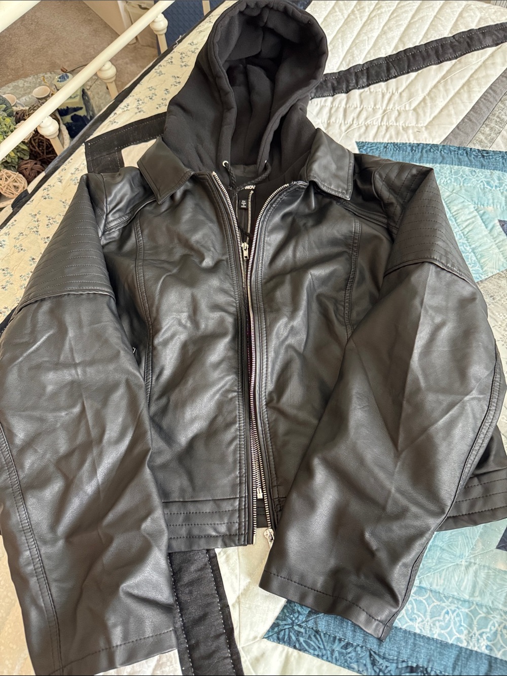 Fashion Nova Black Faux Leather Hooded Bomber with Quilted Shoulders